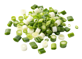 Fresh spring onion slices are scattered beautifully showing vibrant green and white colors with fresh and healthy appeal png