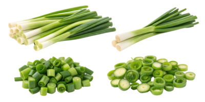 Spring onion fresh green vegetable whole and sliced in different styles for cooking and healthy food preparation png