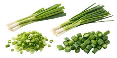 Fresh spring onion whole and chopped in various sizes with vibrant green leaves and white bulbs for cooking and garnish png