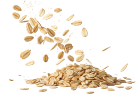 Instant oat flakes cutout isolated on transparency background with flying grains and pile for healthy breakfast food png