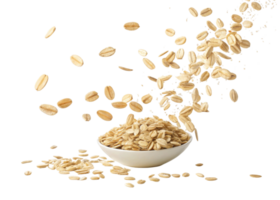 Instant oat flakes in white bowl with oat grains flying and scattered around on cutout background creating fresh and natural feeling png