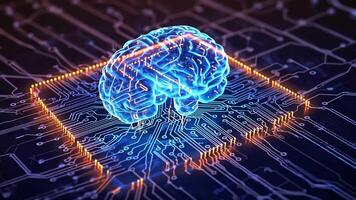 3D digital brain connected to a circuit board, representing artificial intelligence, machine learning and futuristic technology, abstract concept of neuroscience and data processing in video