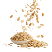 Instant oat flakes falling into white bowl with cutout background showing healthy natural grain for breakfast or cooking use png