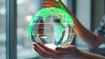 Woman holding a glowing digital globe with green continents and illuminated grid lines, symbolizing sustainability, global technology, environmental awareness, and worldwide digital video