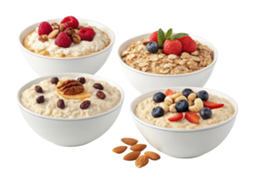 Instant oat bowls with cutout background show healthy breakfast options topped with fresh berries nuts and seeds for nutritious start png