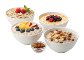 Instant oat bowls with cutout background feature fresh berries nuts and fruit toppings for healthy breakfast or snack option full of flavor png