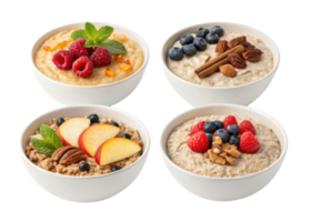 Instant oat bowls with cutout background topped with fresh raspberries, blueberries, nuts, cinnamon, peach slices, and mint leaves for healthy png