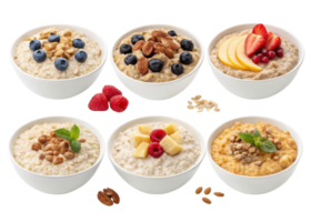 Instant oat bowls with cutout background show healthy breakfast options topped with fresh fruit nuts and granola for nutritious start to day png