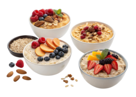 Instant oat bowls with fresh fruit and nuts cutout on transparency background showing healthy breakfast options png