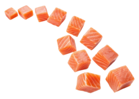 Fresh salmon cubes arranged in flowing pattern showing vibrant orange color and texture of raw fish for cooking or sushi preparation png