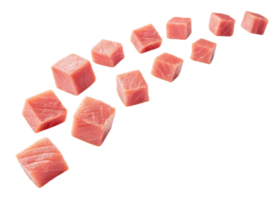 Fresh tuna cubes arranged in curved line showing rich pink color and texture of fish, perfect for sushi or sashimi dishes png
