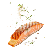 Grilled salmon fillet with herbs and spices sprinkled around, showcasing delicious and healthy seafood meal with vibrant colors and texture png