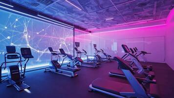 Modern neon-lit gym interior featuring treadmills and exercise bikes with a futuristic digital wall design, blending fitness technology and innovation in a stylish, immersive workout video