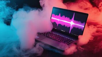 Open laptop computer with glowing soundwave on screen surrounded by dramatic red and blue smoke, representing modern digital technology, communication, and futuristic computing in a video