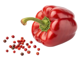 Vibrant red bell pepper with green stem and scattered peppercorns on transparency background in cutout style for fresh food design png