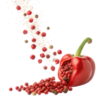 Red peppercorn spilling from cutout red pepper with scattered peppercorns and spices creating dynamic and flavorful composition png