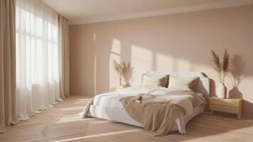 Sunlit minimalist bedroom with neutral beige tones, cozy bed, soft textiles, light wooden flooring, and elegant vases with dried pampas grass creating a serene, natural and calming video