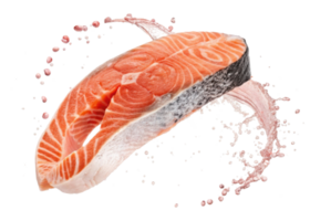 Fresh salmon steak with splash of water isolated transparency background showing vibrant texture and color of salmon fish cut for cooking or meal png