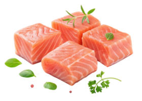 Fresh salmon cubes with green herbs and spices for cooking or healthy meal preparation with vibrant color and texture png