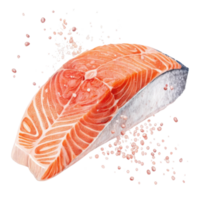 Fresh salmon steak with salt sprinkled around it showing vibrant salmon color and texture perfect for cooking png