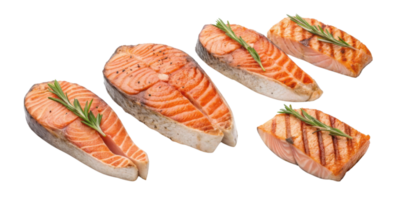Grilled salmon steak with fresh rosemary garnish looks delicious and healthy with vibrant salmon color and appetizing texture png