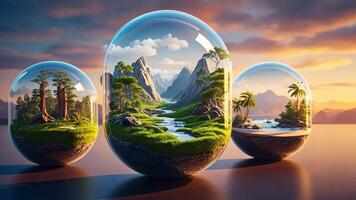 Trois cristal sphères contenant miniature paysages, luxuriant les forêts, Montagne rivières, et tropical des plages avec paume des arbres, représentant nature, sérénité, et scénique beauté dans une 3d visuel video