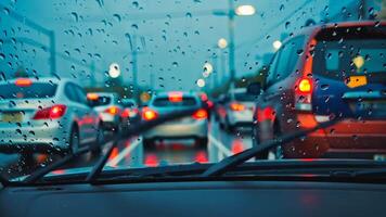 View from inside a car during rainy evening traffic jam, with windshield wipers clearing raindrops and blurred lights of vehicles creating a moody urban scene of driving in bad weather video