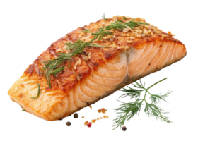 Grilled salmon fillet with fresh dill and crushed peppercorns served as delicious and healthy meal with vibrant salmon color and texture png