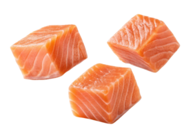 Fresh salmon cubes with vibrant orange color and smooth texture perfect for cooking or sushi preparation in clean presentation png