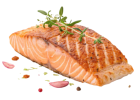 Grilled salmon fillet with herbs and spices on transparency background fresh salmon cooked with crispy texture and vibrant color png