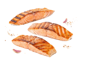 Grilled salmon fillet with garlic and seasoning isolated transparency background showing fresh cooked fish with crispy texture and delicious flavor png