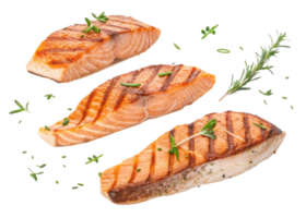 Grilled salmon fillet with fresh herbs and spices, showcasing delicious and healthy meal with vibrant salmon color and appetizing texture png
