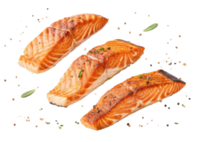 Grilled salmon fillet with herbs and spices on transparency background showing fresh salmon cooked to perfection with delicious texture png
