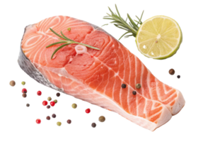 Fresh salmon steak with lemon slice and rosemary herb is beautifully arranged with colorful peppercorns for vibrant and appetizing presentation png