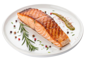 Grilled salmon fillet served on white plate with fresh rosemary and peppercorns creating delicious and appetizing meal presentation png