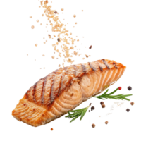 Grilled salmon fillet with herbs and spices falling on top creating fresh and delicious meal with vibrant salmon color and texture png