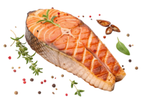 Grilled salmon steak with fresh herbs and peppercorns creating delicious and healthy meal with vibrant salmon color and appetizing texture png