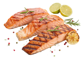 Grilled salmon fillet with lemon and herbs served fresh and flavorful with crispy texture and vibrant salmon color for healthy meal png
