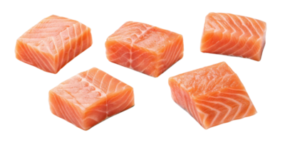 Fresh salmon pieces with vibrant orange color and smooth texture perfect for cooking or sushi preparation png