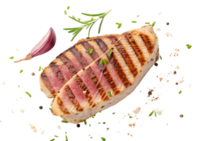 Grilled tuna steak with herbs and garlic seasoning looks delicious and fresh with tender texture and appetizing grill marks png