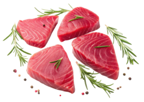 Fresh raw tuna steak with rosemary and peppercorns arranged on transparency background for healthy meal preparation png