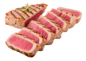 Seared tuna steak sliced with grill marks and sprig of rosemary on top showing fresh pink meat texture and juicy flavor png
