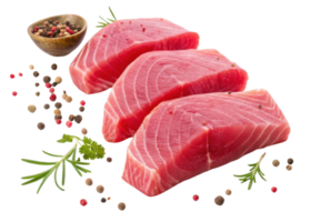Fresh tuna steak slices with herbs and peppercorns create vibrant and appetizing seafood presentation full of natural color and texture png