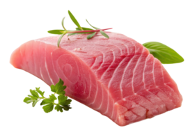 färsk tonfisk biff med grön örter på genomskinlighet bakgrund som visar vibrerande textur och Färg av rå fisk för matlagning eller skaldjur maträtter png