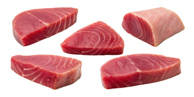 Fresh tuna steak pieces with rich red color and smooth texture perfect for cooking or sushi preparation in vibrant display of seafood png