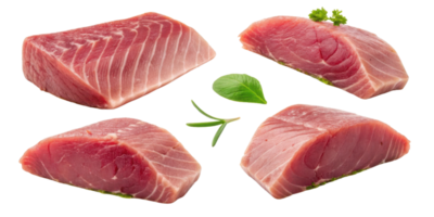 Fresh tuna steak with herbs and spices isolated on transparency background showing raw seafood cut for cooking png