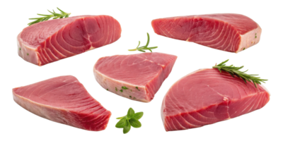Fresh tuna steak pieces with herbs arranged on transparency background showing vibrant red color and texture of raw fish meat png