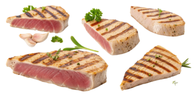 Grilled tuna steak with herbs and garlic slices fresh and delicious seafood meal with healthy and appetizing look png