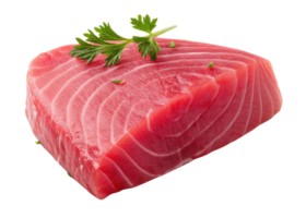 Fresh tuna steak with green herb garnish on top showing vibrant red color and texture perfect for cooking or sushi png