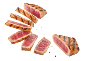 Seared tuna slices with grill marks arranged on transparency background showing fresh pink tuna meat with delicious texture png